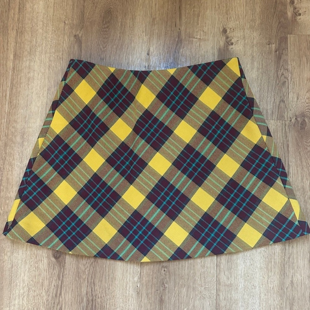 Zara Yellow Plaid A-Line Mini Skirt Size Medium Burgundy Teal Checkered
